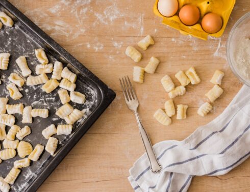 cooking Italian homemade potato gnocchi with ingredients