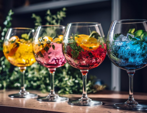 four colorful cocktails with lemon and mint