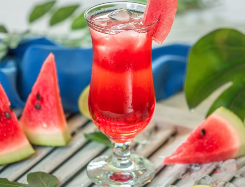 Watermelon cocktail with ice cubes in a glass